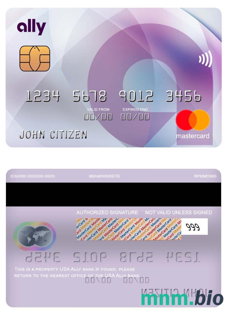 USA Ally bank przykład karty mastercard w formacie PSD